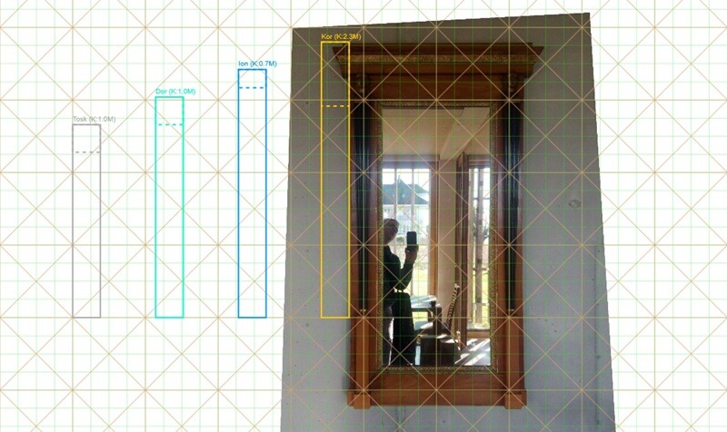 Spiegel photometrisch entzerrt, vermasst und nach Werkschuh und Säulenordnung analysiert.